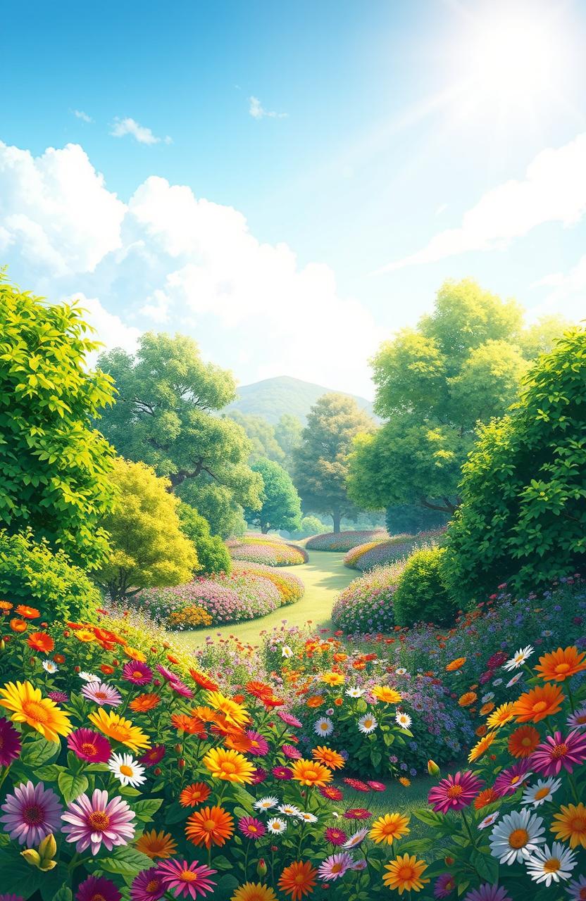 A stunning and serene illustration of a beautiful garden representing Paradise, filled with lush green trees and vibrant, colorful flowers blooming in abundance