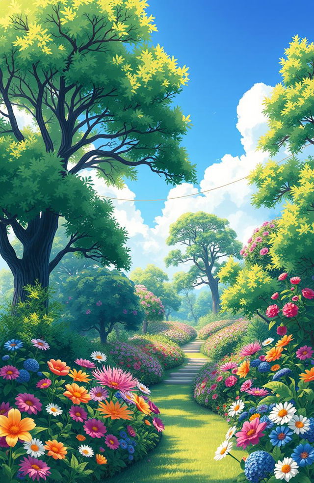 A stunning and serene illustration of a beautiful garden representing Paradise, filled with lush green trees and vibrant, colorful flowers blooming in abundance