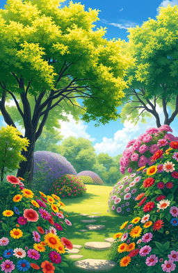 A stunning and serene illustration of a beautiful garden representing Paradise, filled with lush green trees and vibrant, colorful flowers blooming in abundance