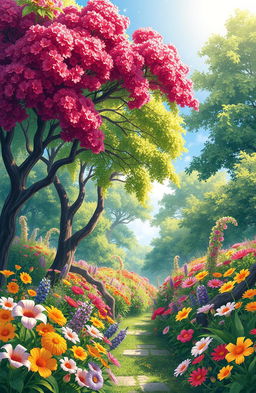 A stunning and serene illustration of a beautiful garden representing Paradise, filled with lush green trees and vibrant, colorful flowers blooming in abundance