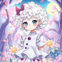 A curly-haired albino girl with short hair, dressed in an unusual and striking dress