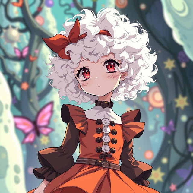 A curly-haired albino girl with short hair, dressed in an unusual and striking dress