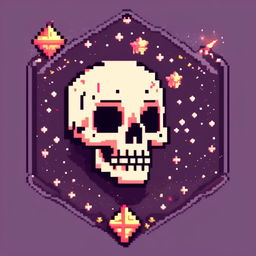 Pixel art profile picture featuring a detailed skull against a dark, starry background.