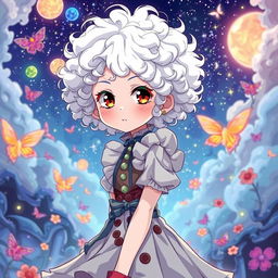 A curly-haired albino girl with short hair, dressed in an unusual and striking dress
