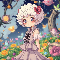 A curly-haired albino girl with short hair, dressed in an unusual and striking dress