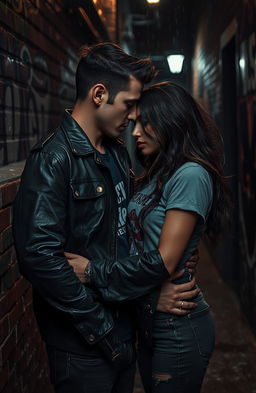 A dark and grunge-inspired romantic scene, featuring a couple entwined in an urban environment, surrounded by edgy graffiti art on brick walls