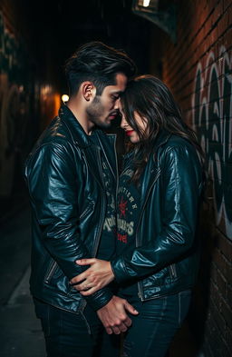 A dark and grunge-inspired romantic scene, featuring a couple entwined in an urban environment, surrounded by edgy graffiti art on brick walls