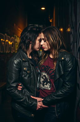 A dark and grunge-inspired romantic scene, featuring a couple entwined in an urban environment, surrounded by edgy graffiti art on brick walls