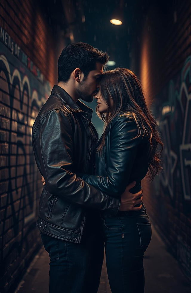 A dark and grunge-inspired romantic scene, featuring a couple entwined in an urban environment, surrounded by edgy graffiti art on brick walls