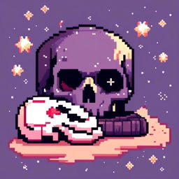 Pixel art profile picture featuring a detailed skull against a dark, starry background.