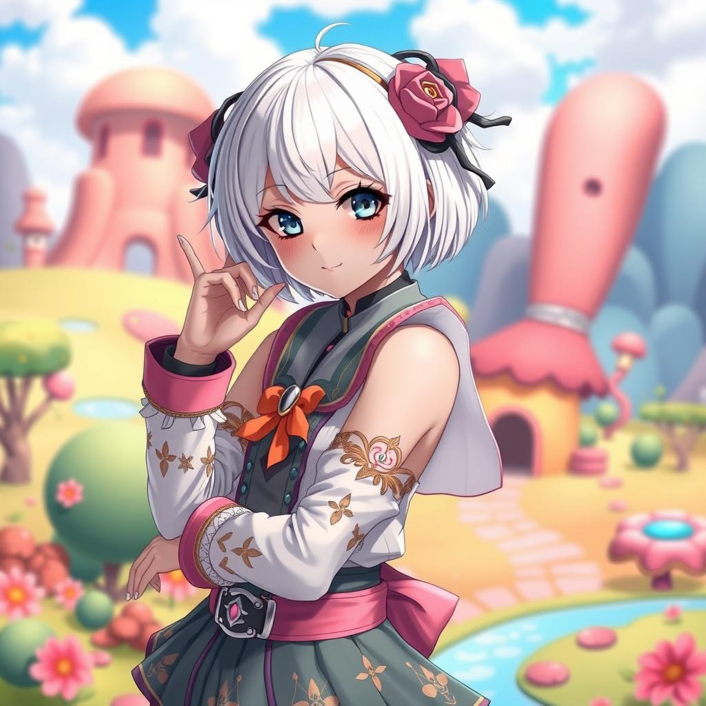 A beautiful albino girl with short hair, dressed in an unusual anime-style outfit