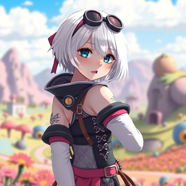 A beautiful albino girl with short hair, dressed in an unusual anime-style outfit