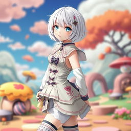 A beautiful albino girl with short hair, dressed in an unusual anime-style outfit