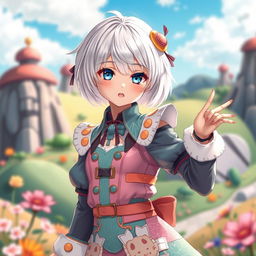A beautiful albino girl with short hair, dressed in an unusual anime-style outfit