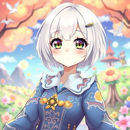 An albino girl with short hair, wearing a unique dress or suit in an anime style