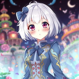 An albino girl with short hair, wearing a unique dress or suit in an anime style