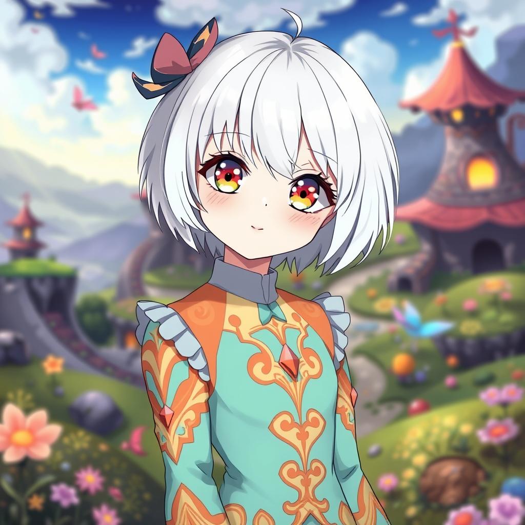 An albino girl with short hair, wearing a unique dress or suit in an anime style