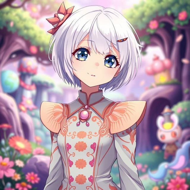 An albino girl with short hair, wearing a unique dress or suit in an anime style