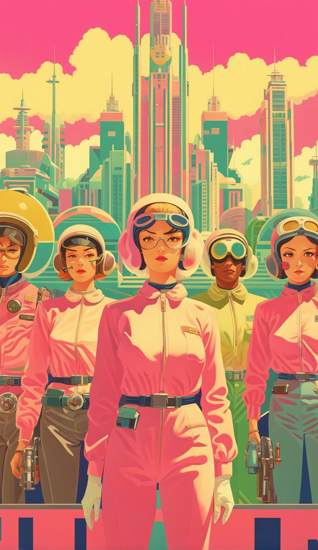 Retro sci-fi anime poster in 32k resolution with Wes Anderson-inspired vintage pastel color palette featuring futuristic cityscape and stylish characters