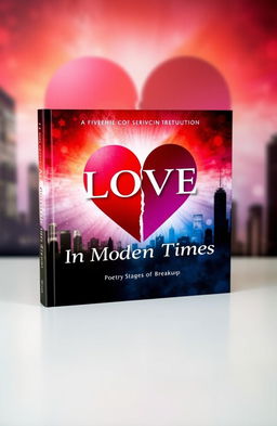 A visually striking book cover for a poetry book titled 'Love in Modern Times' that creatively represents the theme of the five stages of breakup