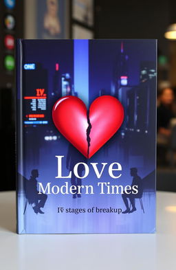 A visually striking book cover for a poetry book titled 'Love in Modern Times' that creatively represents the theme of the five stages of breakup