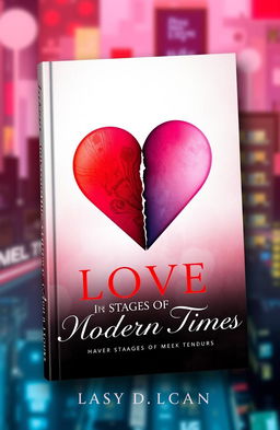 A visually striking book cover for a poetry book titled 'Love in Modern Times' that creatively represents the theme of the five stages of breakup