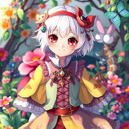 An albino girl with short hair dressed in a unique anime-style outfit, featuring bright colors and intricate designs