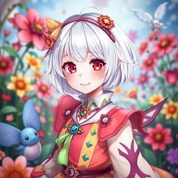 An albino girl with short hair dressed in a unique anime-style outfit, featuring bright colors and intricate designs