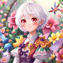 An albino girl with short hair dressed in a unique anime-style outfit, featuring bright colors and intricate designs