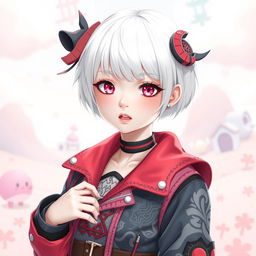 A beautiful albino girl with short white hair, dressed in a unique and colorful anime-inspired outfit