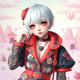 A beautiful albino girl with short white hair, dressed in a unique and colorful anime-inspired outfit