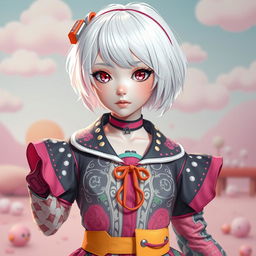 A beautiful albino girl with short white hair, dressed in a unique and colorful anime-inspired outfit
