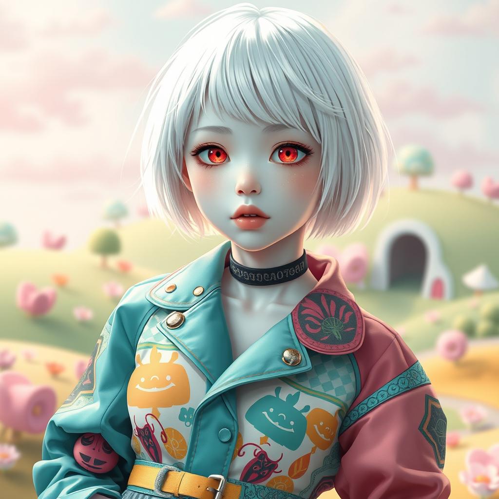 A beautiful albino girl with short white hair, dressed in a unique and colorful anime-inspired outfit