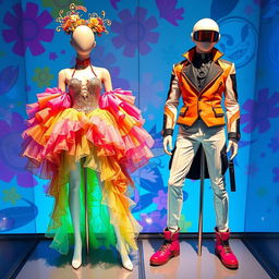 Two mannequins showcasing unique and unconventional outfits in an anime style