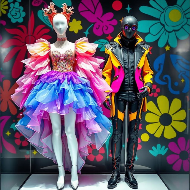 Two mannequins showcasing unique and unconventional outfits in an anime style