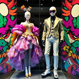 Two mannequins showcasing unique and unconventional outfits in an anime style