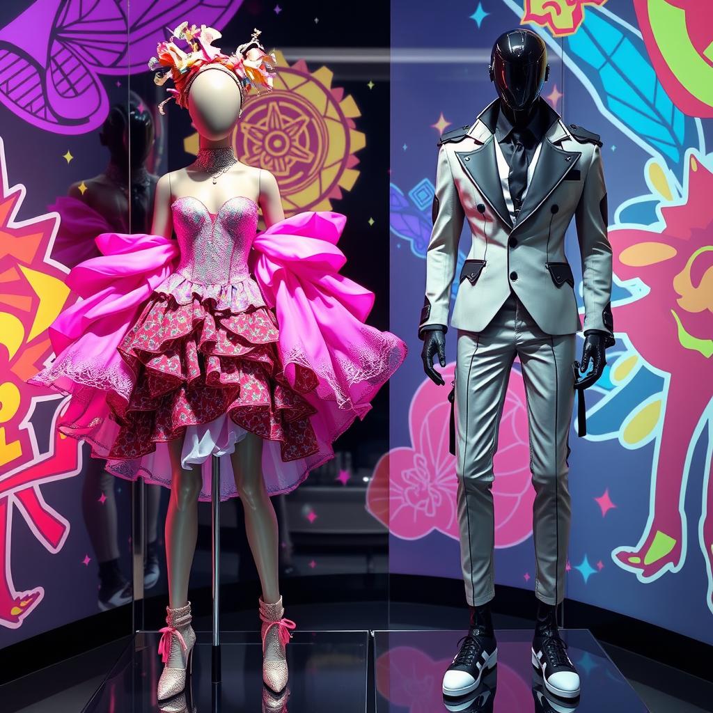 Two mannequins showcasing unique and unconventional outfits in an anime style