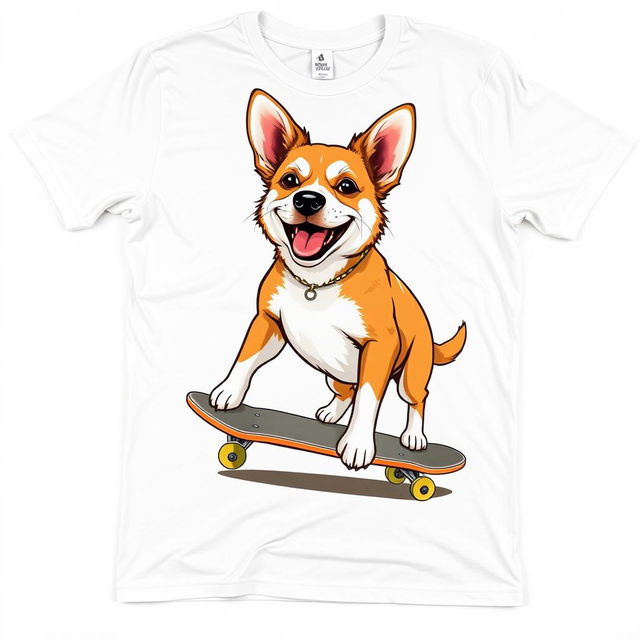 A casual white T-shirt laid flat, featuring a large, playful graphic design of a realistic medium-sized dog confidently riding a skateboard