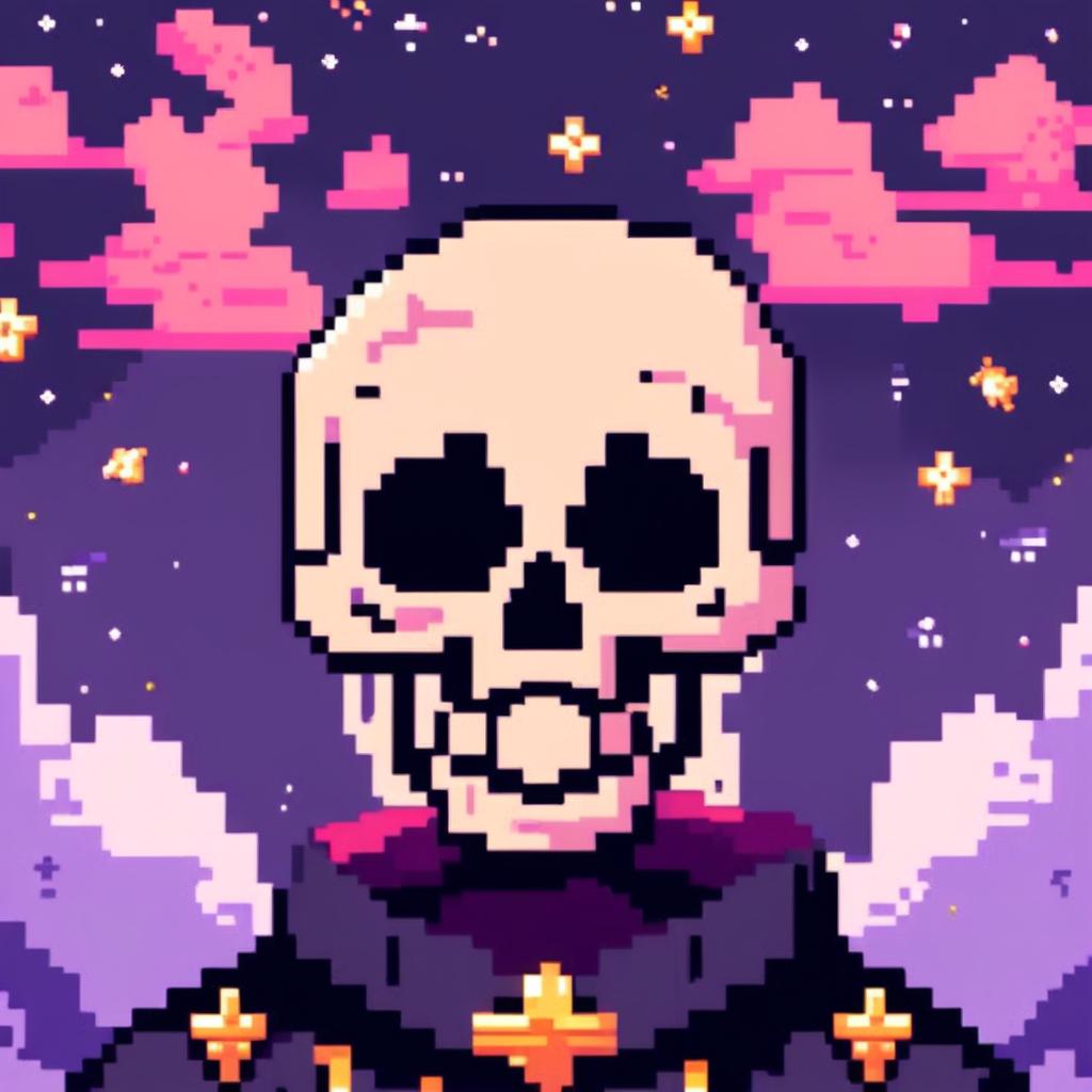 Pixel art profile picture featuring a detailed skull against a dark, starry background.