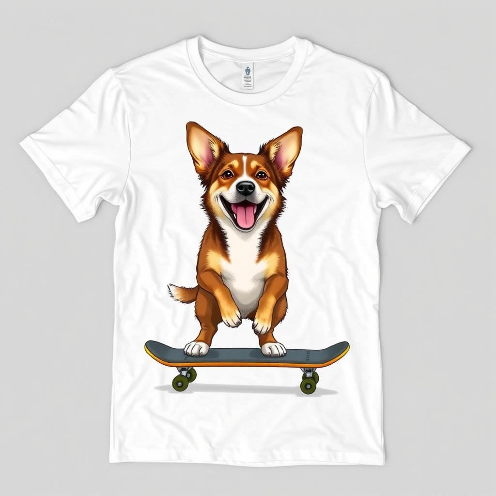 A casual white T-shirt laid flat, featuring a large, playful graphic design of a realistic medium-sized dog confidently riding a skateboard