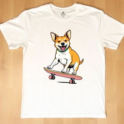 A casual white T-shirt laid flat, featuring a large, playful graphic design of a realistic medium-sized dog confidently riding a skateboard