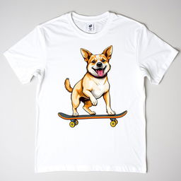 A casual white T-shirt laid flat, featuring a large, playful graphic design of a realistic medium-sized dog confidently riding a skateboard