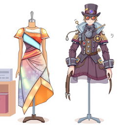 Anime style illustration featuring two unusual outfits on mannequins
