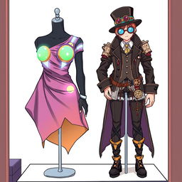 Anime style illustration featuring two unusual outfits on mannequins