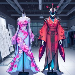 Anime-style illustration featuring two unique outfits displayed on mannequins