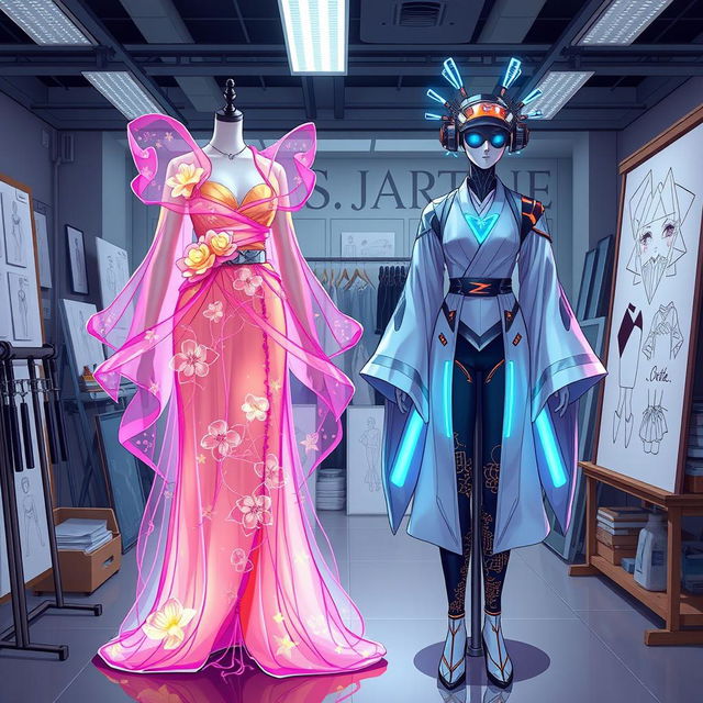 Anime-style illustration featuring two unique outfits displayed on mannequins