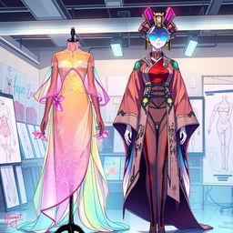 Anime-style illustration featuring two unique outfits displayed on mannequins