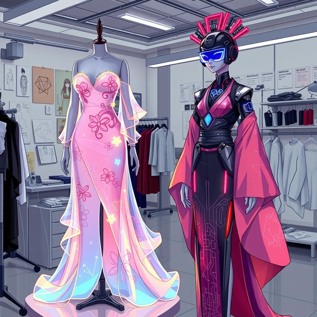 Anime-style illustration featuring two unique outfits displayed on mannequins