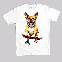 A casual white T-shirt laid flat, featuring a large, playful graphic design of a realistic big-sized dog confidently riding a skateboard