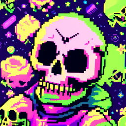 Pixel art profile picture featuring a detailed skull rendered in shades of electric blue against a neon green, starry background